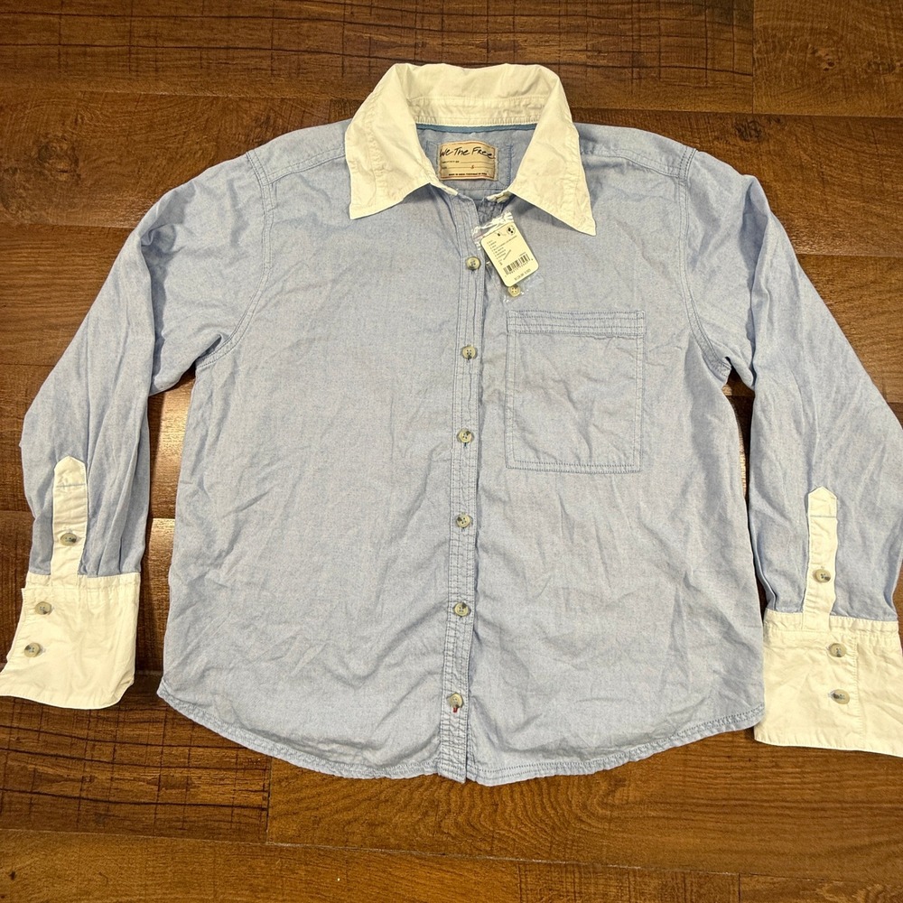 We The Free Button Down Shirt Womens Small Blue Contrast Collar OB2094218